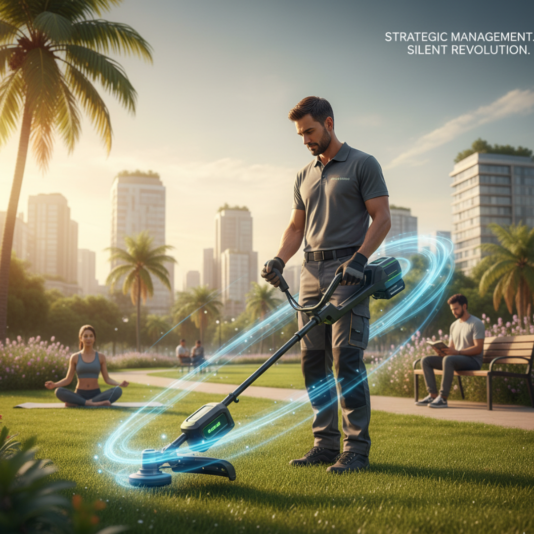 Professionnel utilisant un outil d'entretien d'espaces verts à batterie, silencieux, dans un parc urbain serein.