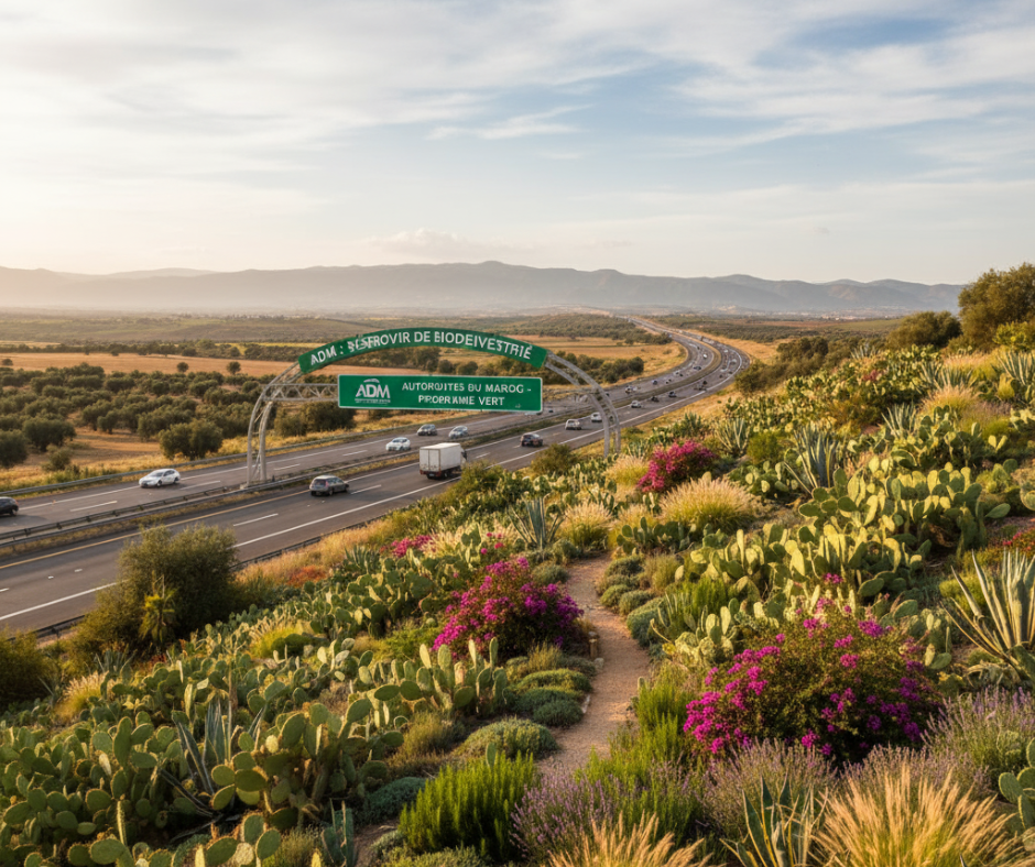 Talus d'autoroute végétalisé avec des plantes locales résistantes à la sécheresse.