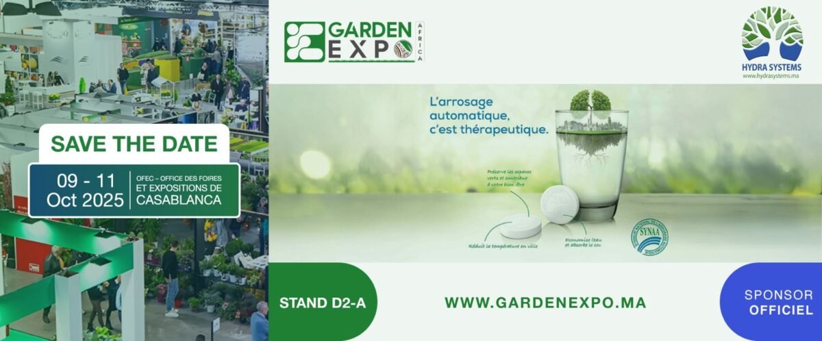 Aménagement paysager luxueux avec système d'irrigation Hydra Systems à Marrakech, soulignant la gestion durable de l'eau au Maroc par Chakib Benkirane.