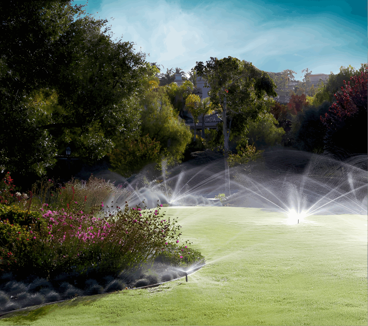 Système d'arrosage automatique Hunter en action dans un grand jardin paysager, assurant une pelouse verte et saine tout en économisant l'eau grâce à des jets précis.