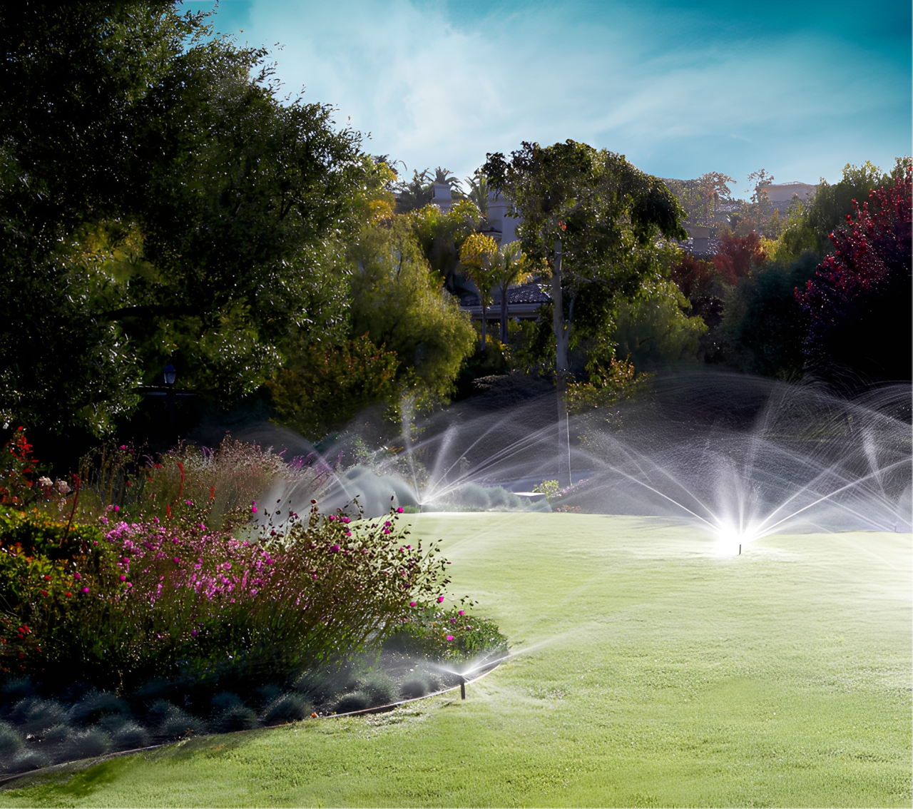 Paysage urbain moderne avec des espaces verts luxuriants, symbolisant l'irrigation intelligente.